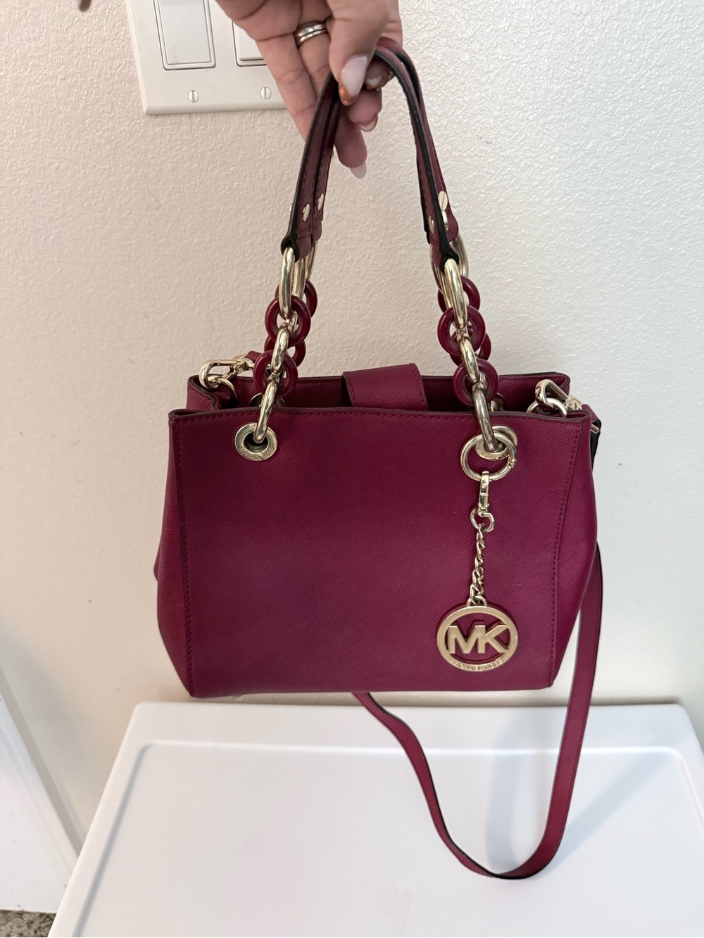 Michael Kors Magenta Saffiano Satchel with Gold Hardware